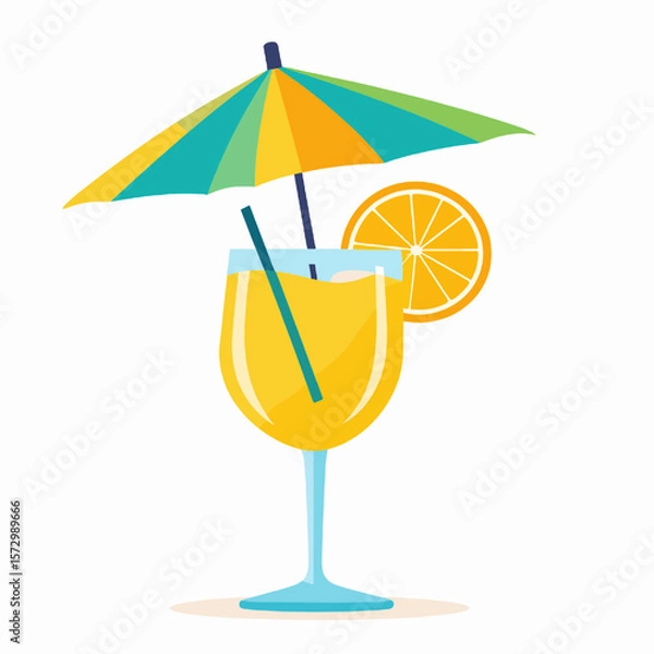 Fototapeta Vibrant Yellow Cocktail with Orange Slice and Colorful Umbrella on White Background Featuring Blue Straws in a Refreshing Summer Theme