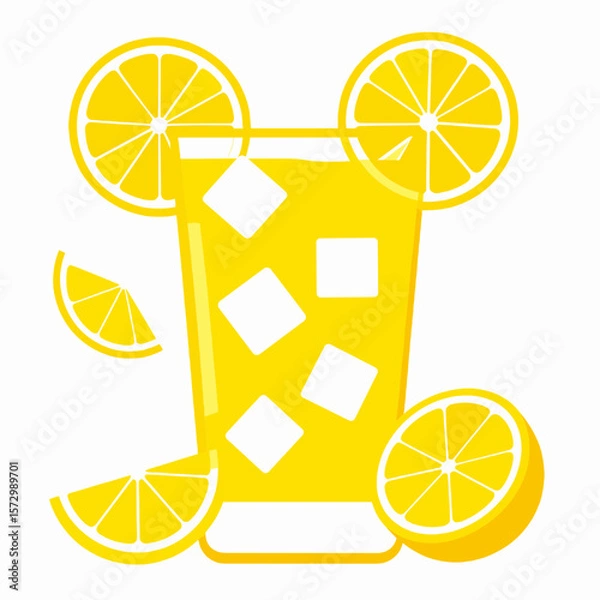 Fototapeta Vibrant Yellow Lemonade with Ice Cubes and Lemon Slices against White Backdrop Illustration for Refreshing Beverage