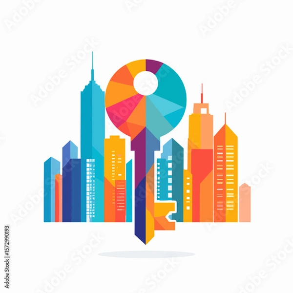 Fototapeta Modern Cityscape Silhouette with Colorful Key Design Representing Real Estate Investment and Urban Development on a White Background