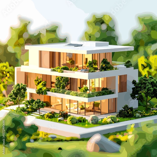 Fototapeta Modern Three Story House with Clean Geometric Lines and Lush Greenery in the Background under Sunlight