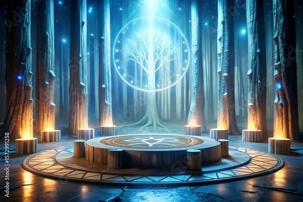 Fototapeta Mystical Fantasy Stage with Glowing Runes and White Void