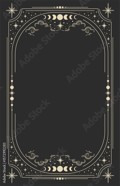 Fototapeta Celestial magical background for astrology, tarot. Black postcard with a frame in a bohemian design, stars, copy space. Magic vector illustration