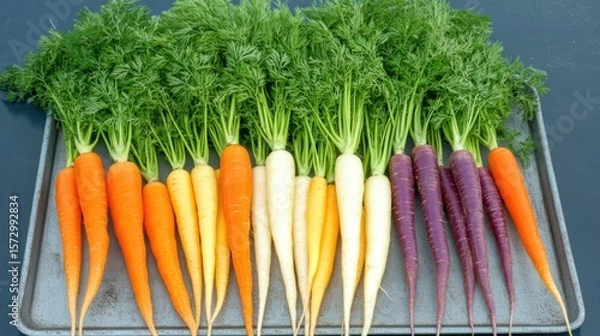 Fototapeta Colorful fresh carrots with green tops arranged on metal tray, top view of multicolored vegetables