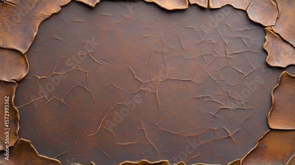 Fototapeta Cracked peeling paint texture on weathered metal surface with rusty brown patina background