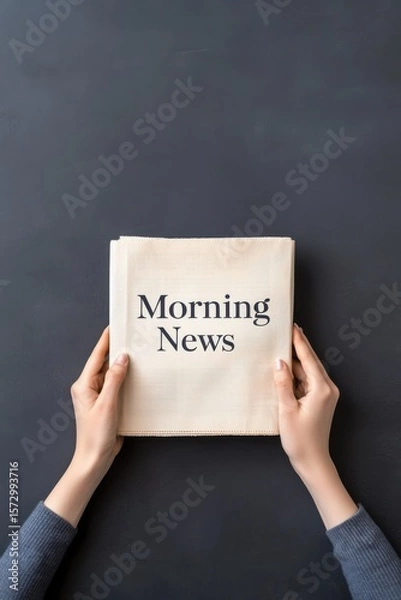 Fototapeta Folded paper with Morning News headline held by hands, elegant clean layout for print or design