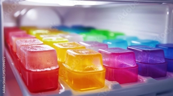 Fototapeta Frozen rainbow ice cubes in clear plastic tray inside fridge, bright and refreshing look