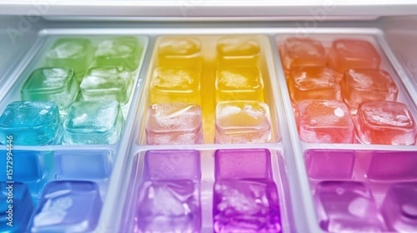 Fototapeta Colorful ice cubes in tray inside freezer compartment, close-up of rainbow frozen cubes
