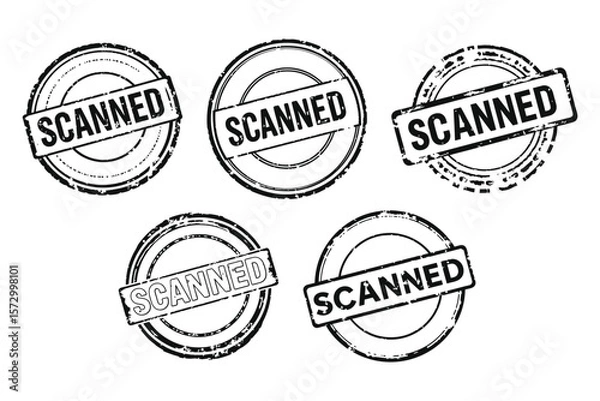 Fototapeta set of 5 scanned round stamp black and white silhouette vector illustration