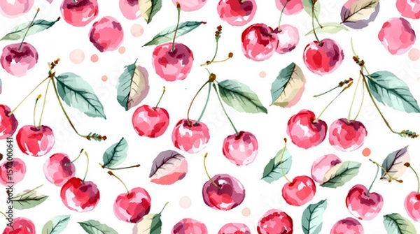 Obraz Watercolor pattern red cherries on white background seamless vector pattern