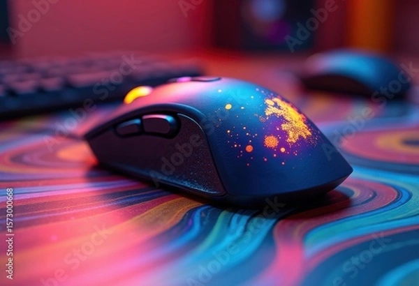 Fototapeta close colorful computer mouse eye catching desk surface dynamic design elements texture, vibrant, tech, digital, device, workspace, office, mousepad