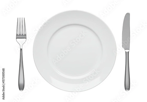 Fototapeta A white dinner plate with a fork and knife isolated on transparent background