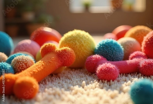 Fototapeta colorful dog toys lined soft pet friendly rug vibrant playful arrangement cheerful comfortable texture, accessory, decor, design, fur, chew, fetch, ball
