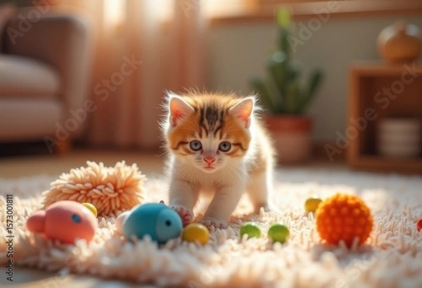 Fototapeta colorful kitten playtime toy adventure carpet fun whiskers pounce paws satin fur cuddly moments, cuddle, soft, feline, playful, cheerful, interactive, adorable