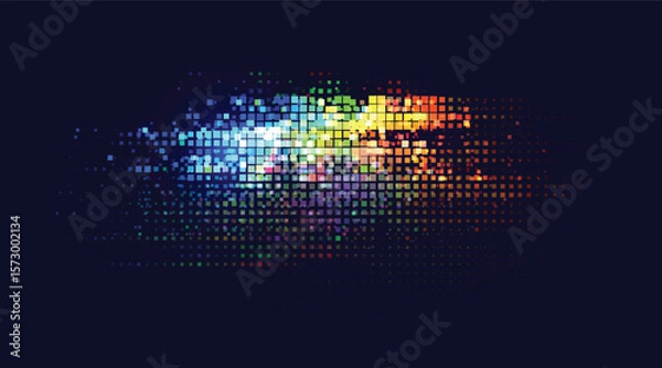 Fototapeta Vector glitch pixel squares in rainbow hues. Abstract horizontal distortion with vibrant gradient and grid alignment.