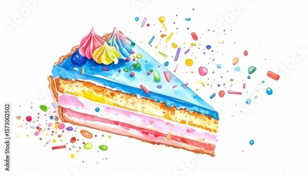 Obraz Chaos Cake Watercolor Style concept. Colorful slice of cake with sprinkles and decorative toppings.