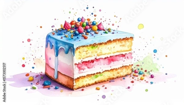 Obraz Chaos Cake Watercolor Style concept. Colorful cake slice with toppings and sprinkles.