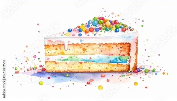Obraz Chaos Cake Watercolor Style concept. Slice of colorful cake with sprinkles and frosting illustration.