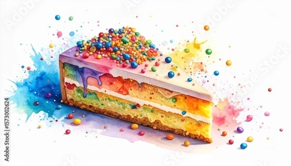 Obraz Chaos Cake Watercolor Style concept. Colorful cake slice with sprinkles and watercolor effects.