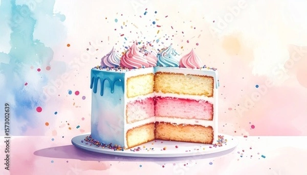 Obraz Chaos Cake Watercolor Style concept. Colorful cake illustration with sprinkles and frosting details.