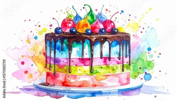 Obraz Chaos Cake Watercolor Style concept. Colorful cake with cherries and a splash of watercolor background.