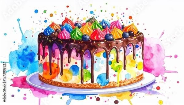 Obraz Chaos Cake Watercolor Style concept. Colorful cake with icing and splashes of paint around it.