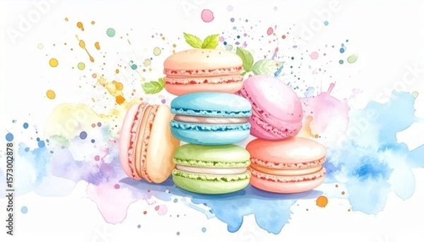 Obraz Colorful macarons with artistic splashes in a watercolor style.