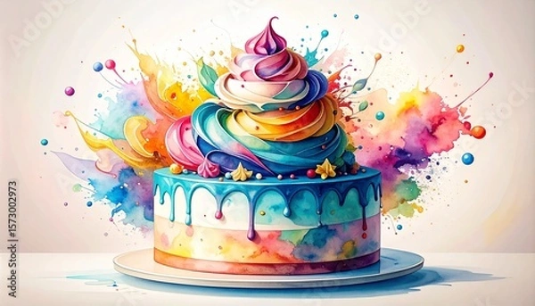 Obraz Chaos Cake Watercolor Style concept. Colorful cake with swirls and splashes of paint.