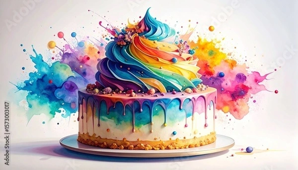 Obraz Chaos Cake Watercolor Style concept. Rainbow swirl cake with vibrant splashes of color.