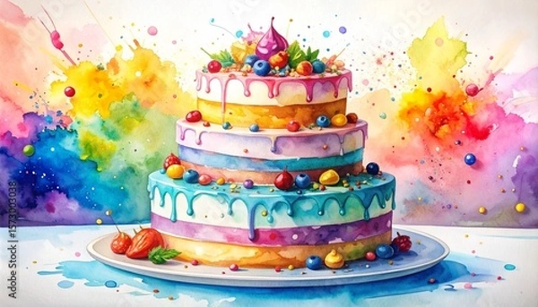 Obraz Chaos Cake Watercolor Style concept. Colorful watercolor cake with vibrant splashes in the background.