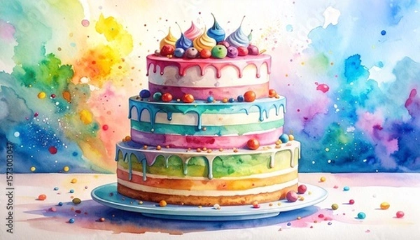 Obraz Chaos Cake Watercolor Style concept. Colorful layered cake adorned with sweets and artistic splashes.