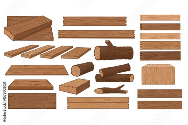 Fototapeta A lumberyard assortment of wood planks and logs provides rustic elements for crafting, carpentry, and building design projects.