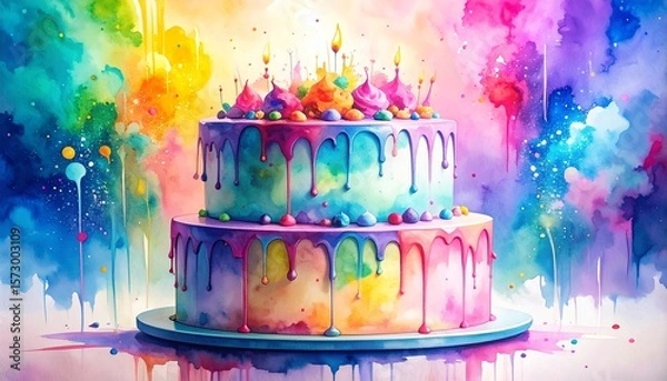 Obraz Chaos Cake Watercolor Style concept. Colorful two-tier cake with candles and decorations in a vibrant setting.
