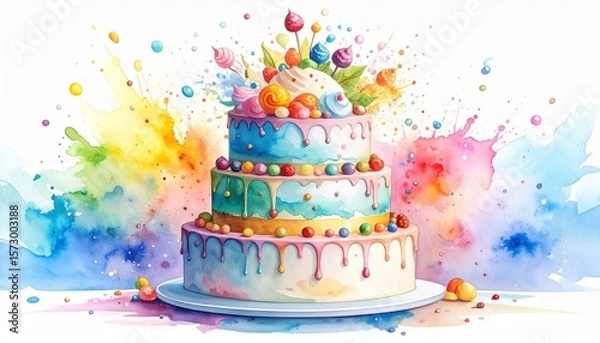 Obraz Chaos Cake Watercolor Style concept. Colorful, artistic three-tier cake with decorative sweets and splashes.