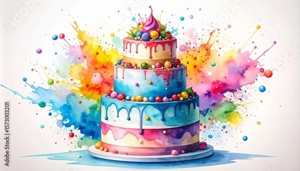 Obraz Chaos Cake Watercolor Style concept. Colorful watercolor cake with splashes of paint background.