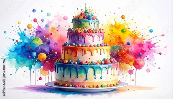 Obraz Chaos Cake Watercolor Style concept. Colorful watercolor cake with vibrant splashes in the background.