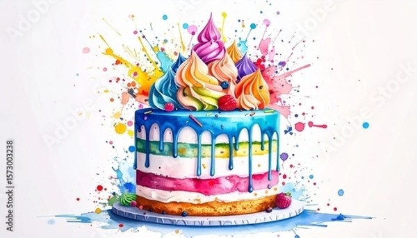 Obraz Chaos Cake Watercolor Style concept. Colorful cake with swirls and splashes of paint design.