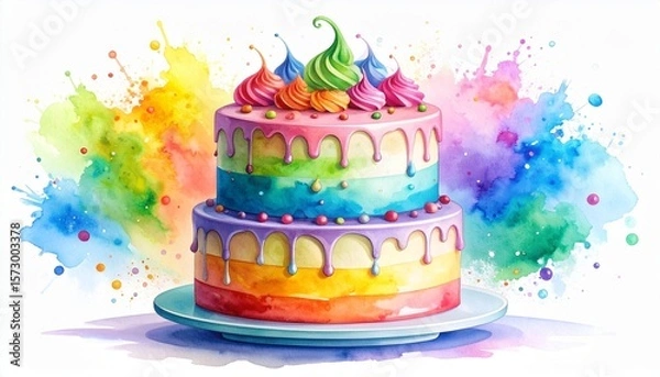 Obraz Chaos Cake Watercolor Style concept. Colorful layered cake with frosting and splashes of paint background.