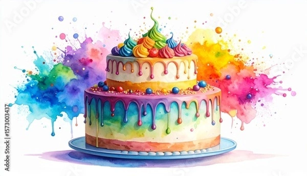 Obraz Chaos Cake Watercolor Style concept. Colorful cake with vibrant icing and splashes of paint.