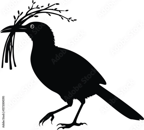 Fototapeta Elegant Birds Silhouette Vector EPS Bowerbird Nest Building Illustration -  A Stunning Vector Silhouette of a Bowerbird Carrying Twigs for its Nest