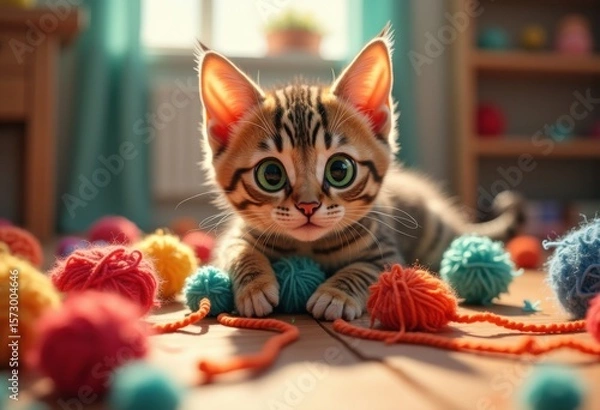Fototapeta curious cat playful scene colorful yarn balls whimsical charm afternoon delight feline activity playtime fun, toy, kitten, curiosity, movement, whisker