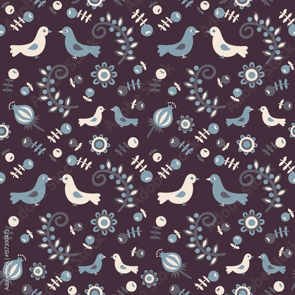 Fototapeta Seamless pattern with birds, berries and flowers. Vector illustration.