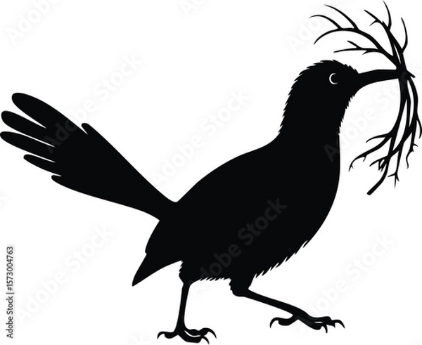 Fototapeta Elegant Birds Silhouette Vector EPS Bowerbird Nest Building Illustration -  High-Quality Vector Graphic of a Silhouette Bird Carrying Twigs