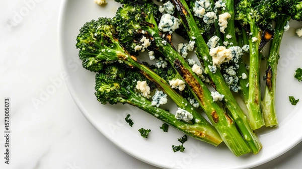 Fototapeta Chargrilled tenderstem broccoli with crumbled cheese, clean minimalistic white setting.