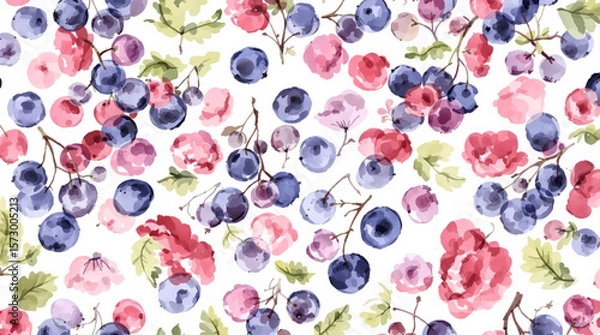 Obraz Berry seamless pattern. Cherry, strawberry, blueberry. Vector illustration 