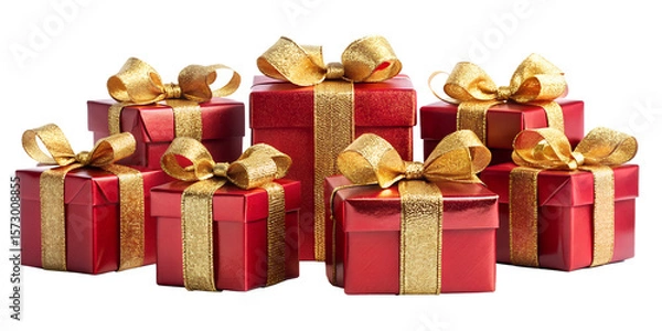 Fototapeta A collection of red and gold christmas presents with shiny ribbons and bows are stacked, creating a festive and celebratory arrangement isolated on transparent background