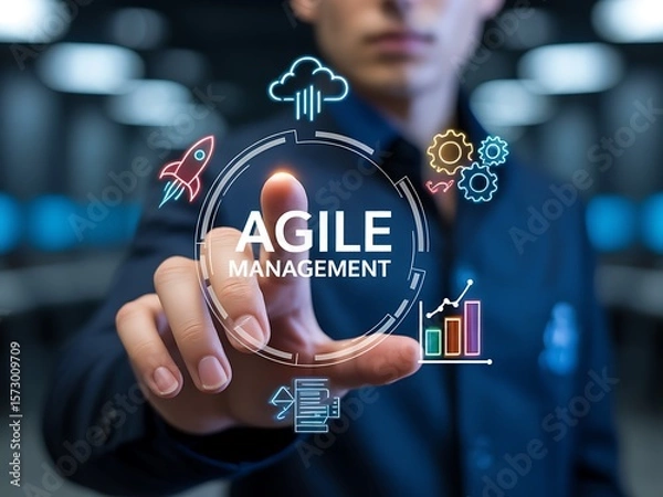 Obraz Person touching digital interface with agile management icons business technology