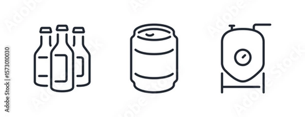 Fototapeta Beer can, bottle and brewery editable stroke outline icons set isolated on white background flat vector illustration. Pixel perfect. 64 x 64.	