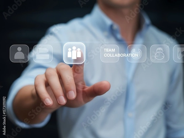 Obraz Person touching digital interface with team collaboration icon business technology