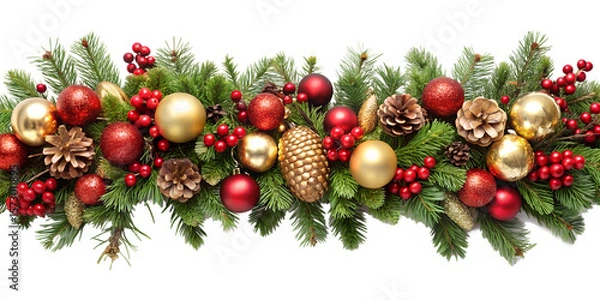 Obraz A festive christmas garland with pine branches, red and gold ornaments, berries, and pine cones creates a traditional holiday decoration isolated on transparent background