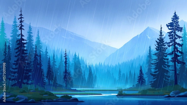 Obraz A peaceful lake surrounded by pine trees and mountains during heavy rain, in soft blue tones and moody atmosphere